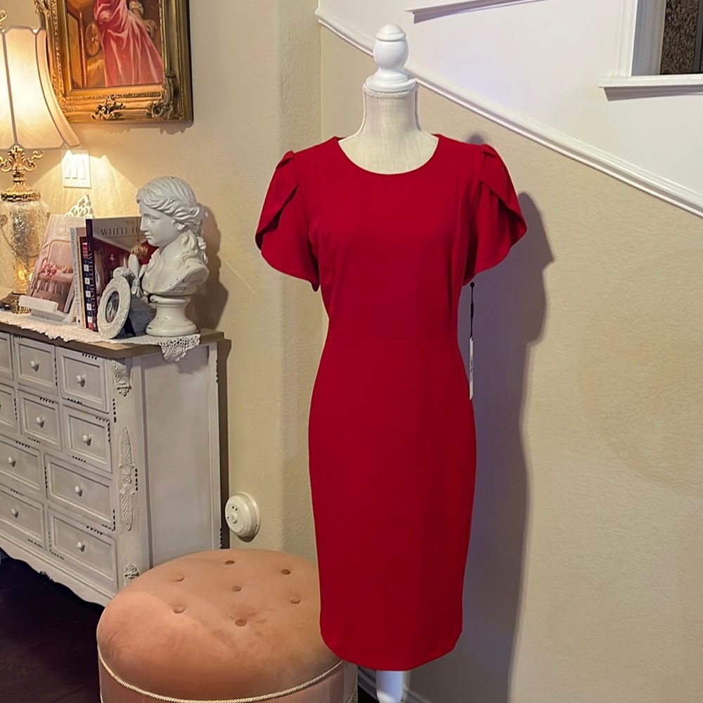 Red Calvin Klein sheath dress tulip sleeves, size 16. Worn once, excellent shape